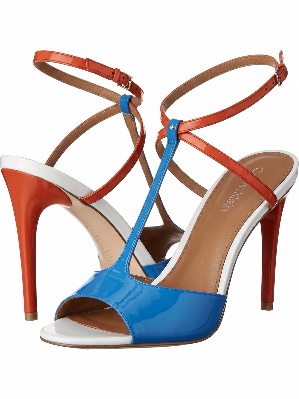 Calvin Klein Patent Leather Colorblock T-Strap Heeled Sandals Orange Red Size 8